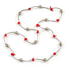 Silver Tone Ball Beads with Pink Red Sea Shell Long Necklace - 88cm L