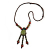 Vintage Inspired Olive Green/ Red Ceramic Bead Tassel Brown Silk Cord Necklace - 58cm Long