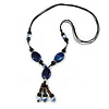 Long Blue, Black Ceramic Bead Tassel Black Silk Cord Necklace - 66cm to 80cm Long (Adjustable)