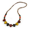 Multi Ceramic Bead Brown Cord Necklace (Dusty Yellow, Red, Green) - 60cm to 80cm (Adjustable)