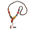 Long Dusty Yellow/ Blue/ Red/ Brown Ceramic Bead Tassel Cord Necklace - 60cm to 80cm Long (Adjustable)
