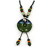 Handmade Green, Blue, Black Ceramic Bead Tassel Green Silk Cord Necklace - 80cm Long/ 9cm Tassel