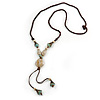 Long Beige/ Light Blue Ceramic Bead Tassel Necklace with Brown Cotton Cord - 80cm L/ 10cm Tassel