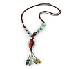 Handmade Light Blue, Brown Ceramic Bead Tassel Brown Silk Cord Necklace - 46cm to 66cm Long (Adjustable)