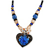 Blue/ Black/ Champagne Crystal, Ceramic, Glass Bead Heart Necklace - 44cm L