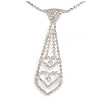 Small Clear Austrian Crystal Double Heart Tie Necklace In Silver Tone Metal - 28cm L/ 17cm Ext /12cm Tie