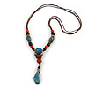 Blue/ Black/ Red Ceramic, Brown Wood Bead with Silk Cords Necklace - 56cm to 80cm Long/ Adjustable