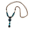 Long Blue, Teal, Brown Ceramic Bead Light Brown Silk Cord Necklace - 70cm to 90cm Long (Adjustable)
