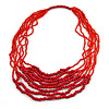 Statement Cherry Red Wood and Fire Red Glass Bead Multistrand Necklace - 78cm L
