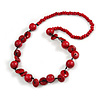 Cherry Red Round and Button Wood Bead Long Necklace - 88cm L