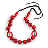 Signature Wood, Ceramic, Acrylic Bead Black Cord Necklace (Raspberry Red) - 72cm L (Adjustable)