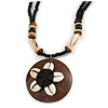 Brown/ Cream Coconut Shell Round Pendant with Black Glass Bead Chain Necklace - 41cm L
