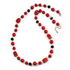 Red Pearl Style, Black Glass and Floral Ceramic Beaded Necklace - 72cm L/ 4cm Ext