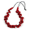 Statement Button Wood Bead Black Cord Necklace (Red) - 84cm L