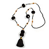 Black Glass Bead, Pom Pom, Tassel Long Necklace - 88cm L/ 10cm Tassel