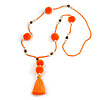 Bright Orange/ Neon Orange Glass Bead, Pom Pom, Tassel Long Necklace - 88cm L/ 10cm Tassel