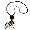 Black Wood, Glass, Sea Shell, Tree Seed Bead with Pom Pom Tassel Long Necklace - 80cm L/ 16cm Tassel