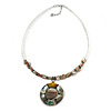 White Glass Bead Wire Necklace with Shell & Mother of Pearl Medallion In Silver Tone - 50cm L/ 5cm Ext