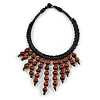 Statement Brown Wood Bead Fringe with Rubber Cord Necklace - 46cm L/ 11cm Front Drop