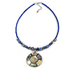 Royal Blue Glass Bead Wire Necklace with Shell & Mother of Pearl Medallion In Silver Tone - 50cm L/ 5cm Ext