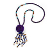 Inky Blue Wood, Glass, Sea Shell, Tree Seed Bead with Pom Pom Tassel Long Necklace - 80cm L/ 16cm Tassel