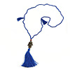 Blue Crystal Bead Necklace with Bronze Tone Hamsa Hand Charm/ Silk Tassel Pendant - 80cm L/ 14cm Tassel