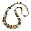 Long Graduated Wooden Bead Colour Fusion Necklace (Grey/ Gold/ Black/ Metallic Silver) - 76cm Long