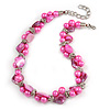 Exquisite Faux Pearl & Shell Composite Silver Tone Link Necklace In Pink - 44cm L/ 7cm Ext