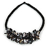 Stunning Black Glass Bead with  Black Shell Floral Motif Necklace - 48cm Long