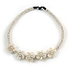 White Glass Bead with Shell Floral Motif Necklace - 48cm Long