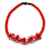 Red Glass Bead with Shell Floral Motif Necklace - 48cm Long