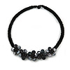 Black Glass Bead with Shell Floral Motif Necklace - 48cm Long