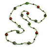 Statement Light Green Glass Bead with Brown/ Green Wood Ball Long Necklace - 145cm L