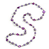 Long Glass and Shell Bead with Silver Tone Metal Wire Element Necklace In Purple - 120cm L