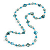 Long Glass and Shell Bead with Silver Tone Metal Wire Element Necklace In Light Blue/ Azure - 120cm L
