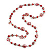 Long Glass and Shell Bead with Silver Tone Metal Wire Element Necklace In Red - 120cm
