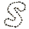 Long Glass and Shell Bead with Silver Tone Metal Wire Element Necklace In Black - 120cm L