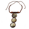 Statement Geometric Wood and Mother of Pearl Brown Cotton Cord Necklace - Adjustable - 16cm L Pendant