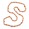 Peach Glass and Orange Shell Bead Long Necklace - 106cm Long