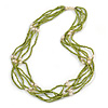 Multistrand Lime Green Glass Bead Cream Faux Pearl Long Necklace - 70cm L