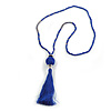 Blue Glass Bead Cotton Tassel Necklace - 72cm L/ 14cm Tassel