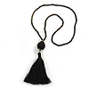 Black Glass Bead Cotton Tassel Necklace - 72cm L/ 14cm Tassel