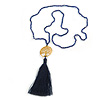 Dark Blue Crystal Bead Necklace with Gold Tone Tree Of LIfe/ Silk Tassel Pendant - 84cm L/ 10cm Tassel
