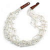 Ethnic Snow White Glass Bead, Semiprecious Stone Necklace With Wood Hook Closure - 60cm L