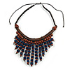Statement Wood Cord Fringe Necklace In Dark Blue and Brown - Adjustable