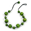 Lime Green Wood Bead Black Cotton Cord Necklace - 52cm Long