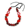 Statement Wood, Ceramic and Acrylic Bead Black Cord Necklace In Red - 60cm Long