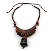 Ethnic Statement Geometric Wood Bead Cotton Cord Necklace In Brown - Adjustable
