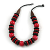 Statement Red/ Black Round and Button Wood Bead Necklace - 56cm L