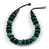 Statement Teal/ Black Round and Button Wood Bead Necklace - 56cm L
